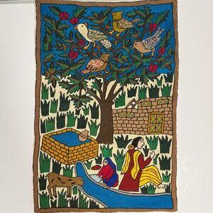 Village Scene Wall Hanging Folk Art Textile Crewel Embroidery Tapestry Bird Tree